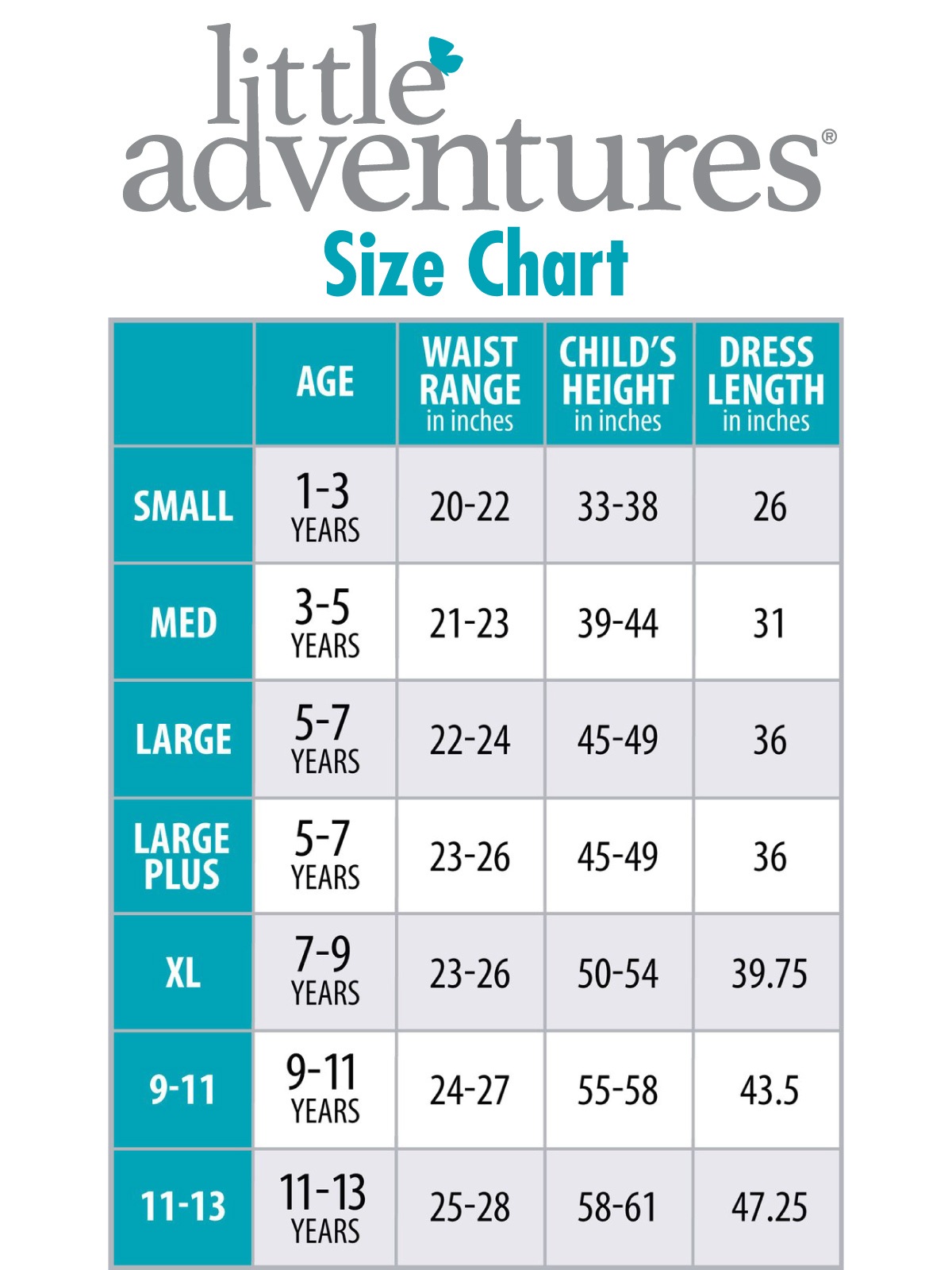 Little Adventures Size Chart