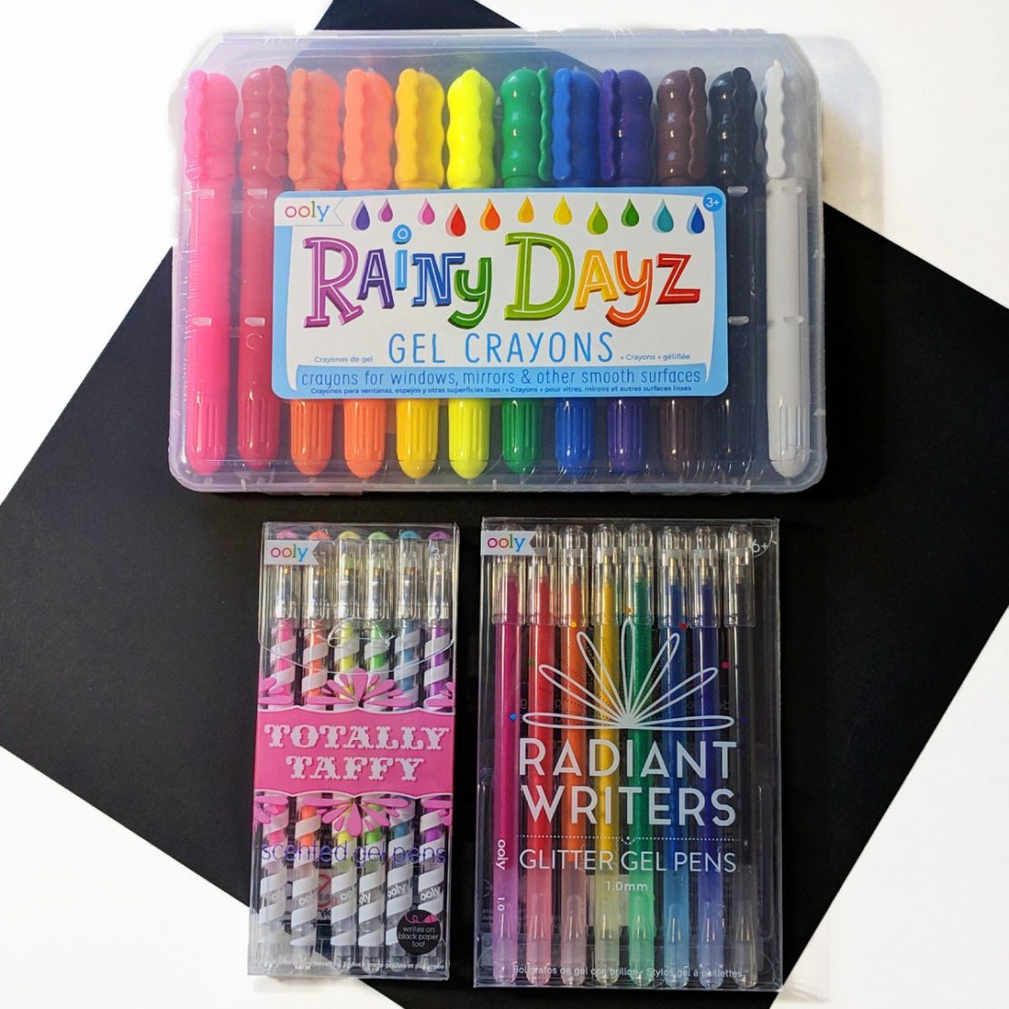 Ooly Rainy Dayz Gel Crayons, Radiant Writers Glitter Gel Pens, and Totally Taffy Scented Gel Pens