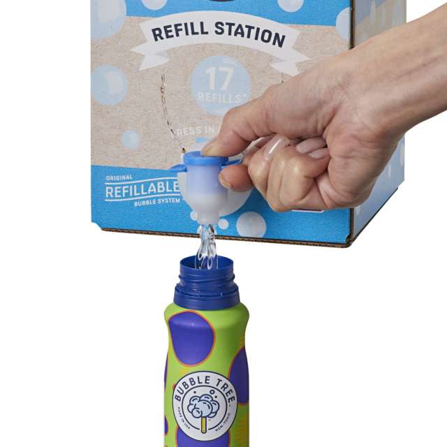 Refill box of bubble solution with a hand pushing the button to refill the bottle in the lower half of the photo