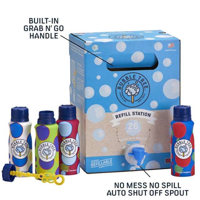 Tall blue box with 4 bottles of bubbles surrounding it. Photo has text describing the bubbles.