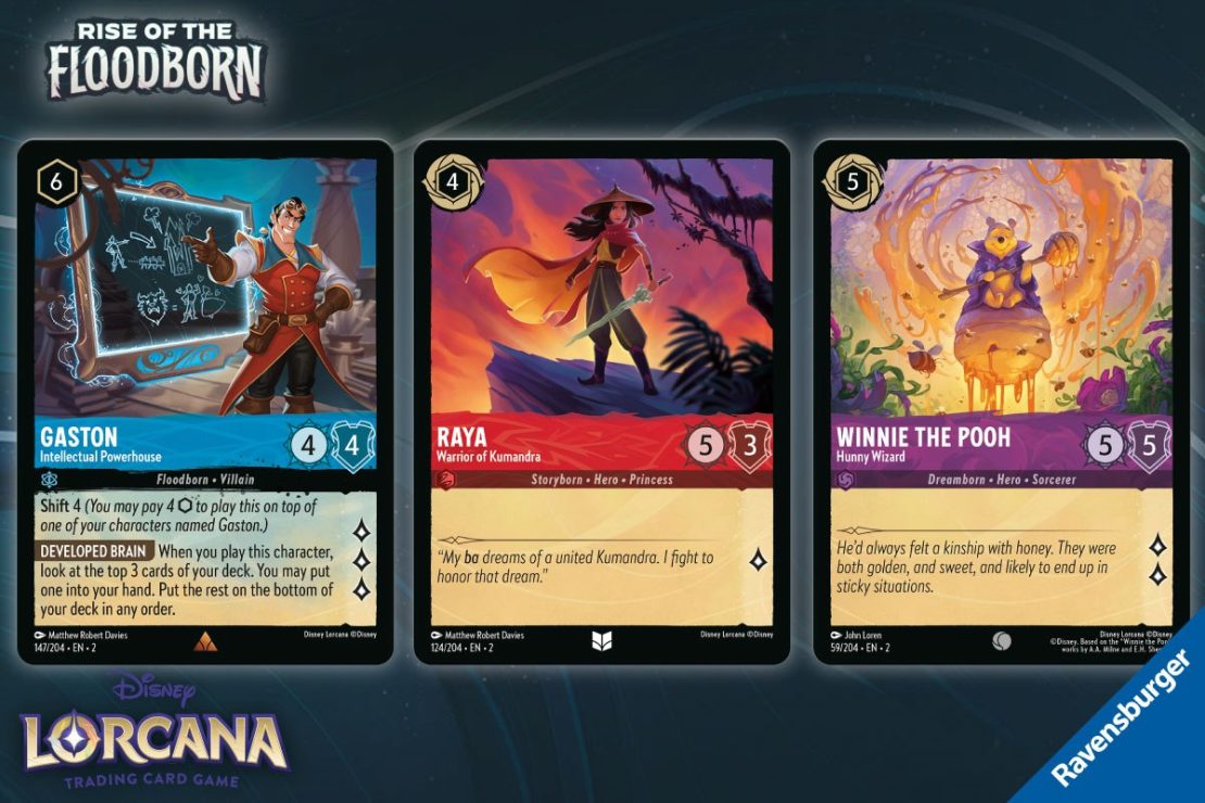 Disney Lorcana Rise of the Floodborn Gaston, Raya, and Winnie the Pooh Cards