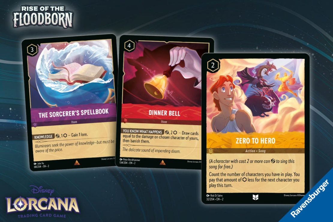Disney Lorcana Rise of the Floodborn Spellbook, Dinner Bell, and Zero to Hero Cards