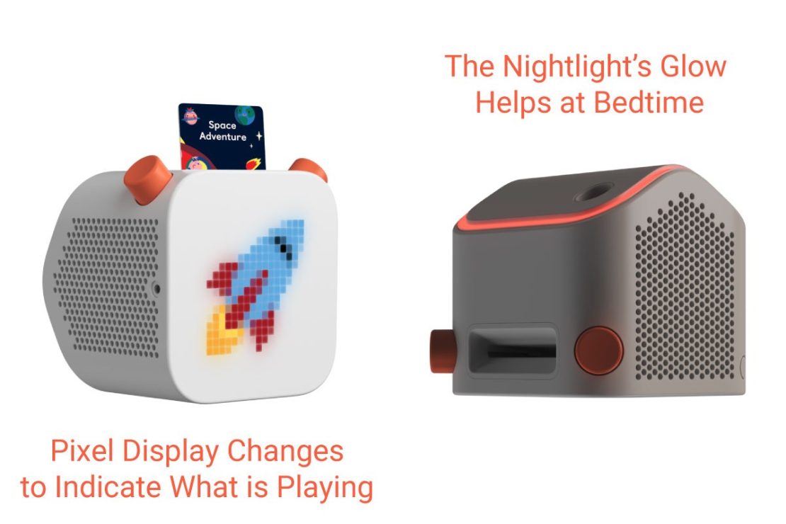 The Yoto Player's Pixel Display indicates what is playing and the nightlight's glow can help at bedtime.