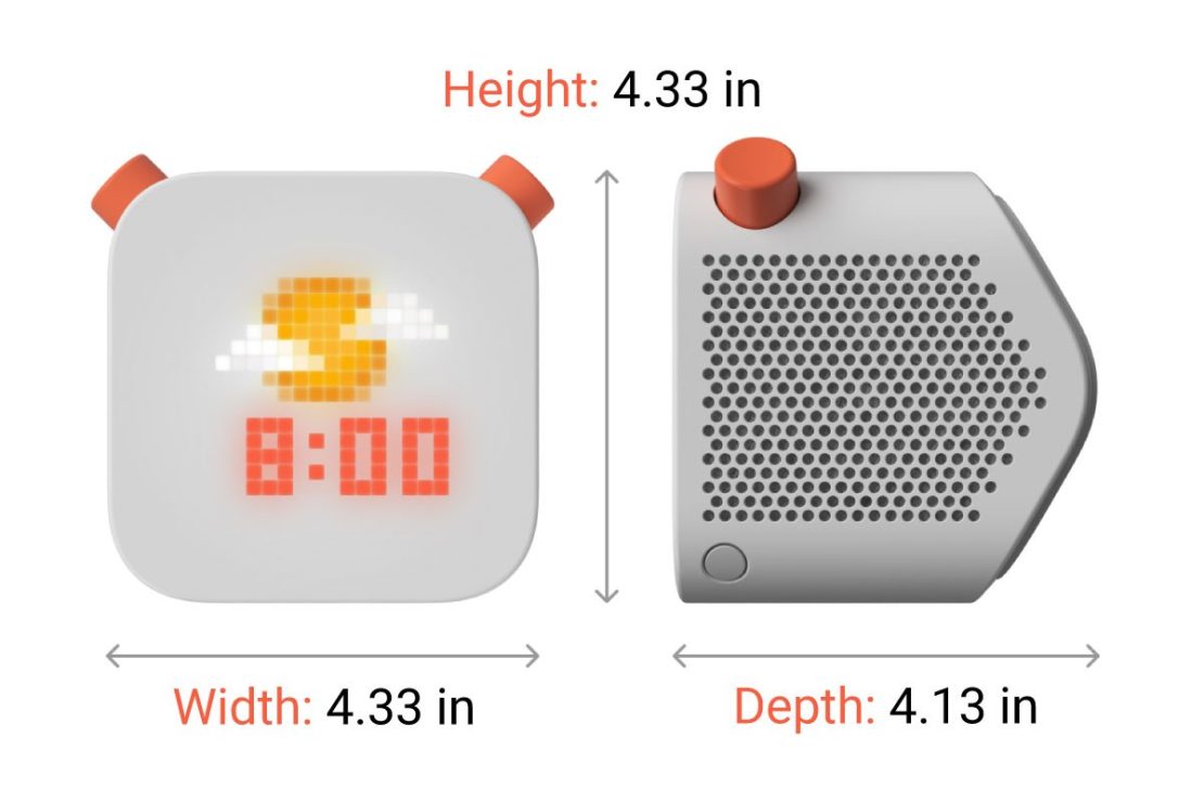 The Yoto Player measures about 4.33 inches x 4.33 inches x 4.13 inches.