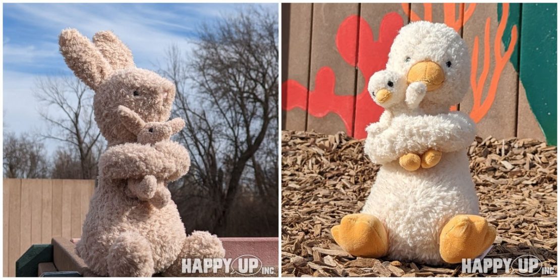 Huddles Bunny and Huddles Duck, each has their own plush pal!