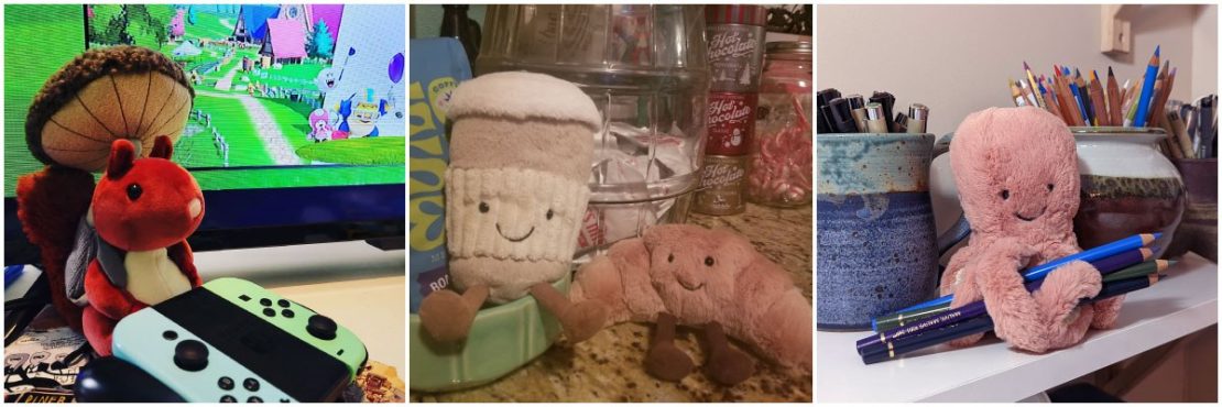 Jellycat plush playing video games, helping make a snack, and ready to create art!