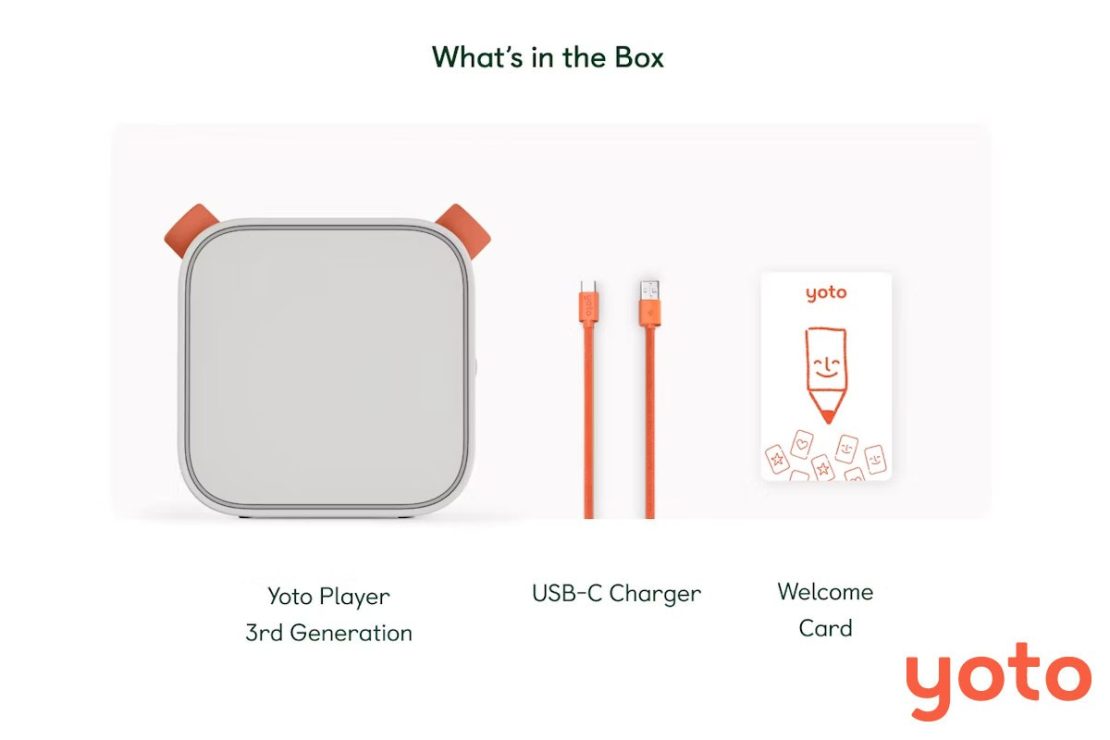 Yoto 3rd Generation Player Contents: Player, USB-C Charging Cable, Instructions
