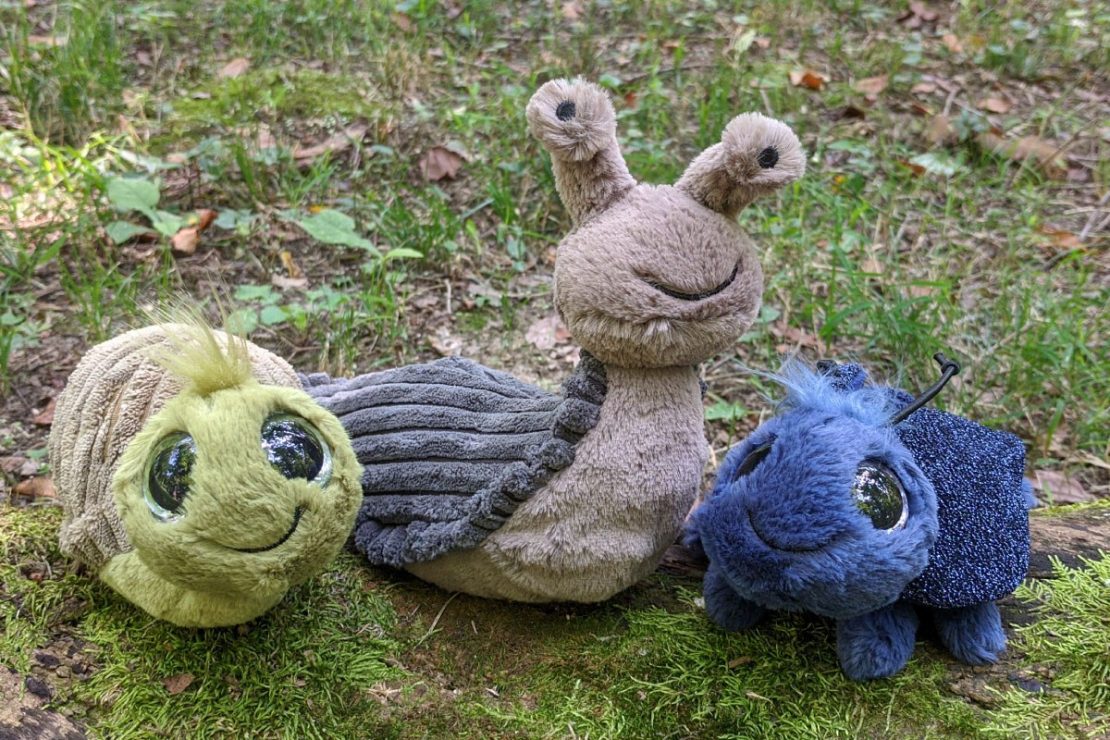 Frizzle Snail, Stanley Slug, and Frizzle Beetle from Jellycat